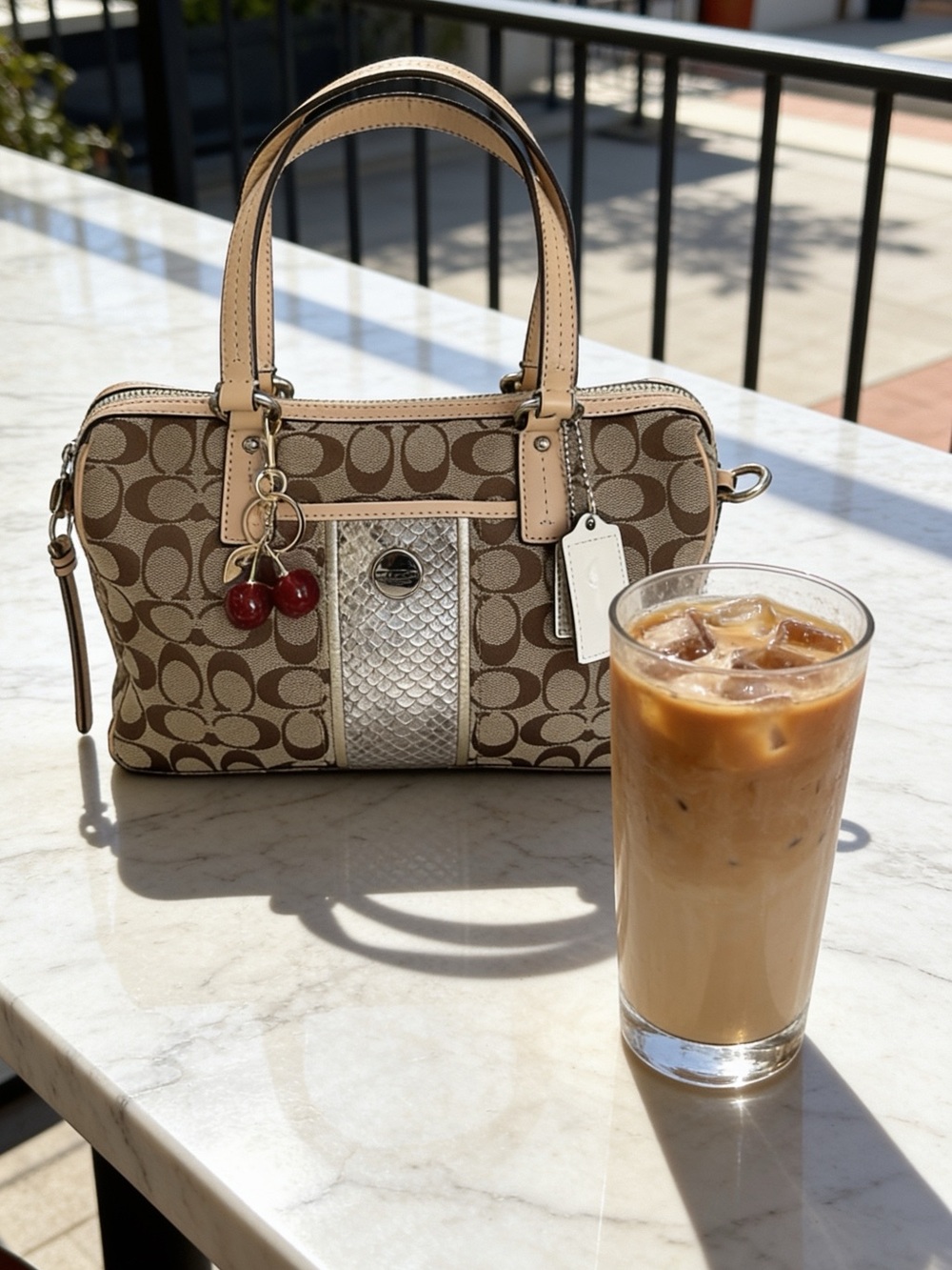 Coach Y2K Signature Khaki Python Stripe Satchel with Cherry Charm